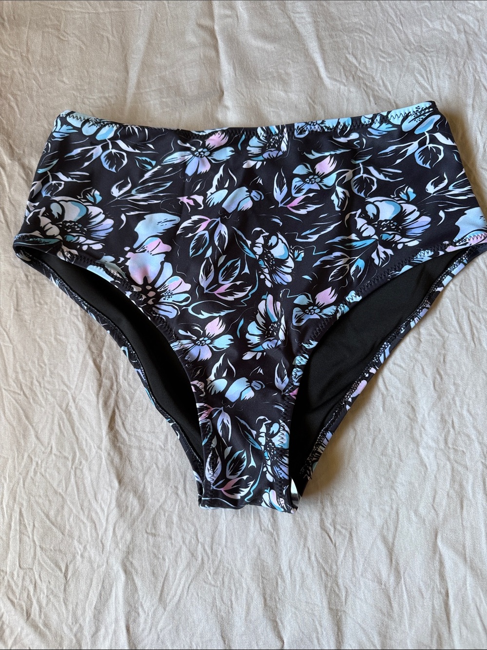 High-Waist Floral Swim Bottoms in Black with Pastel Accents size Small